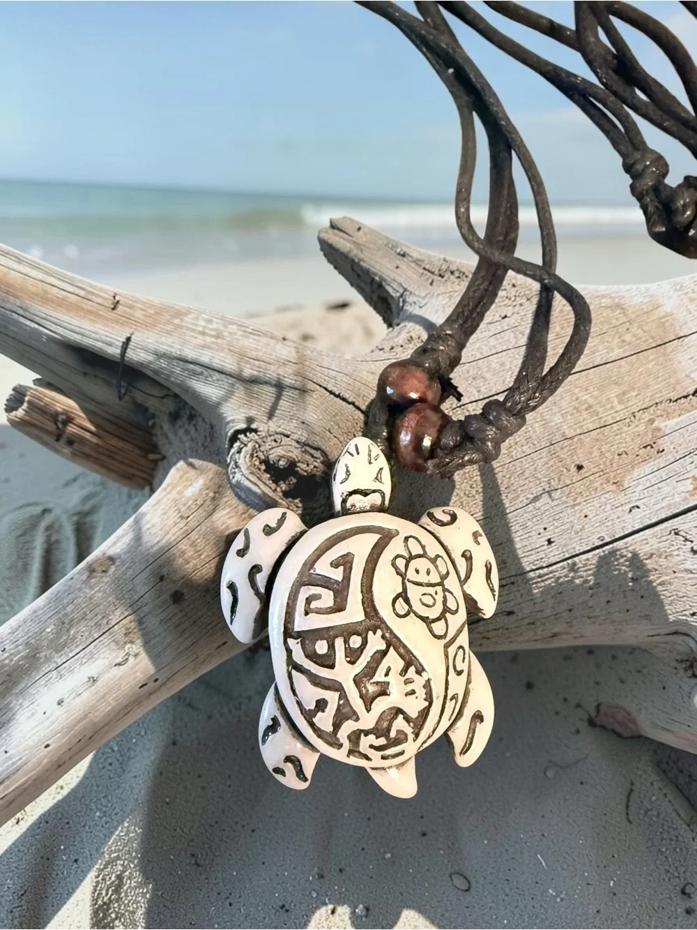 Handmade Turtle Pendant Necklace in Black Cord - Beach Boho Jewelry